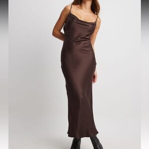 Satin Cowl Neck Midi Slip Dress - Brown
